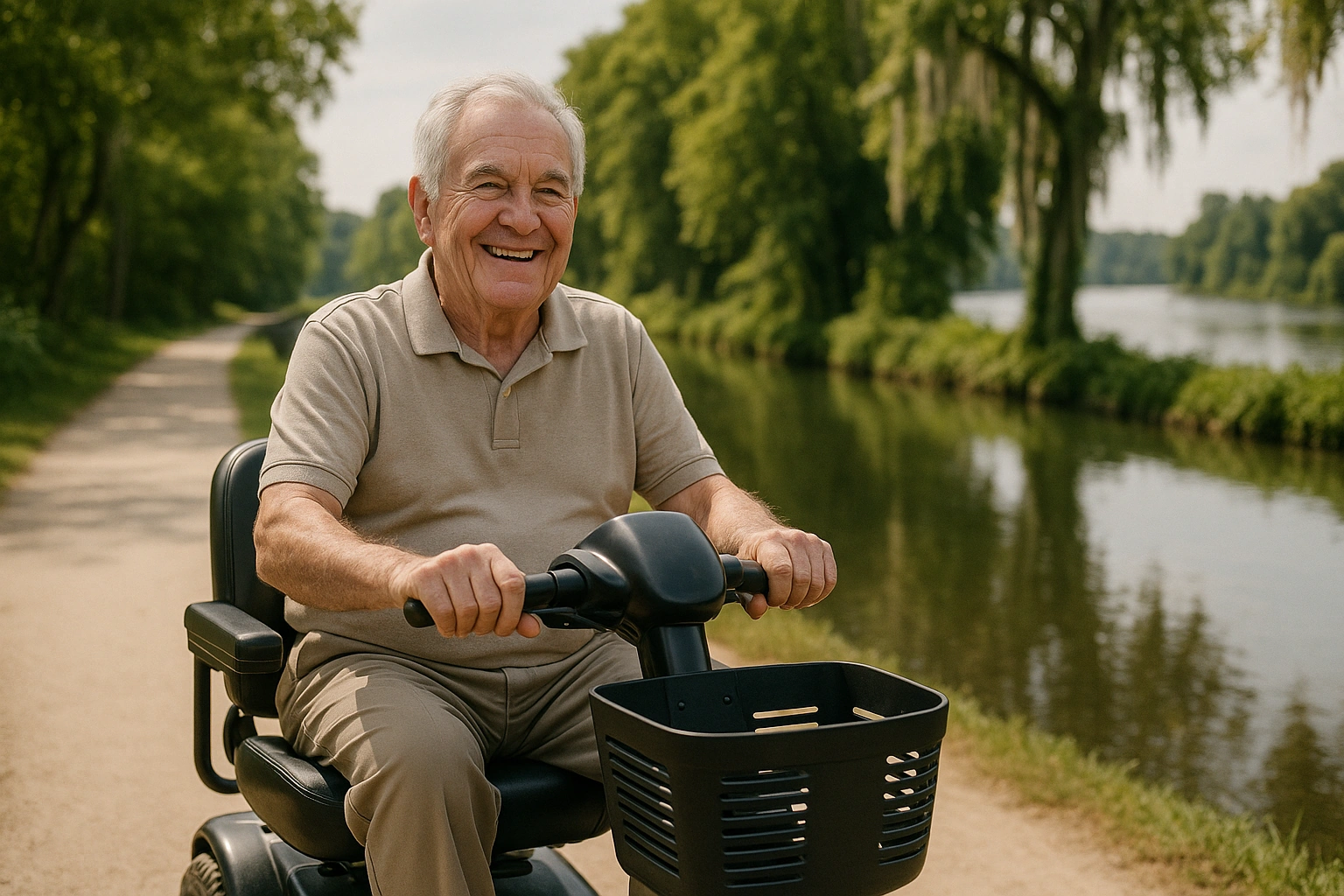 Senior man with grey hair riding a modern four-wheel mobility scooter on a smooth paved canal towpath trail beside the historic Augusta Canal with the Savannah River nearby in Augusta, Georgia, with lush green trees and Spanish moss under a warm bright sky