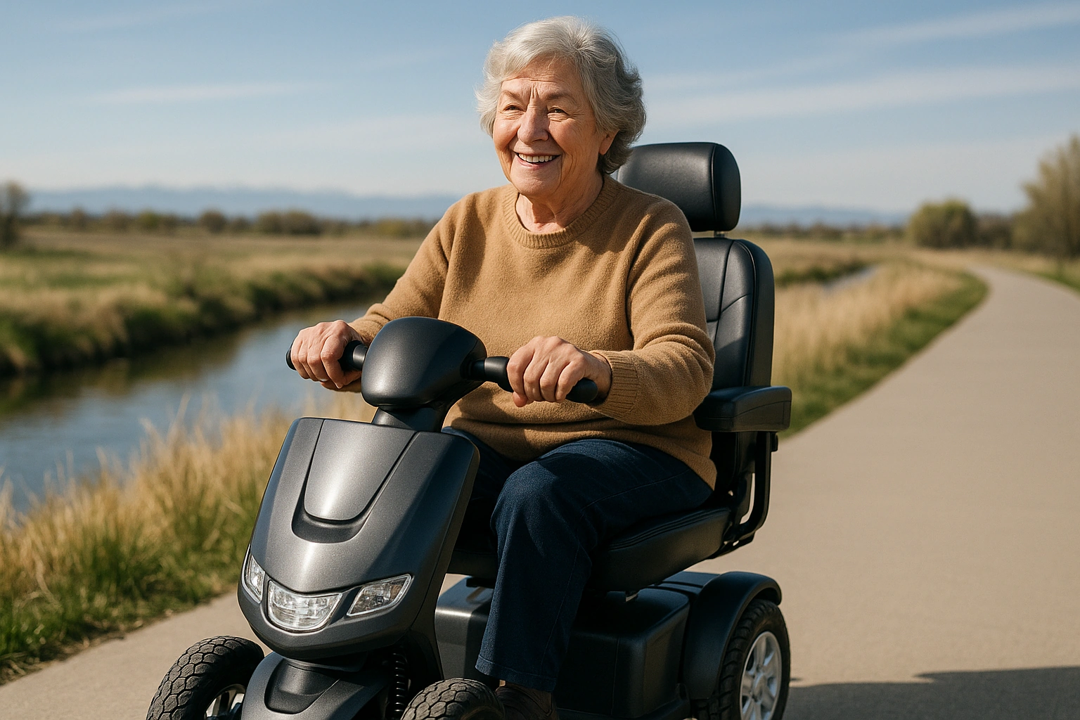 Senior woman with grey hair riding a modern four-wheel mobility scooter on a wide smooth paved greenway trail beside a creek with prairie grass in Aurora, Colorado, with the Rocky Mountains faint on the horizon under a bright blue high-plains sky