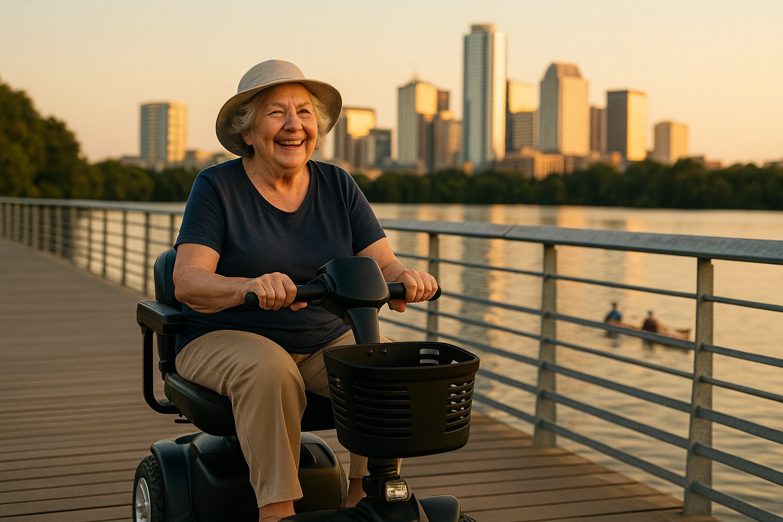 Smiling senior woman in a sun hat riding a four-wheel mobility scooter across a wooden lakeside boardwalk with kayakers on the water and the downtown Austin skyline glowing behind her at sunset