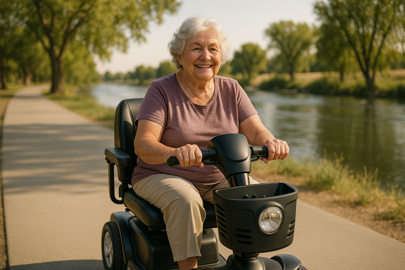 Senior woman with grey hair riding a modern four-wheel mobility scooter on a wide smooth paved river parkway trail beside the Kern River with green cottonwood trees in Bakersfield, California, in the Central Valley, with a clear warm sky