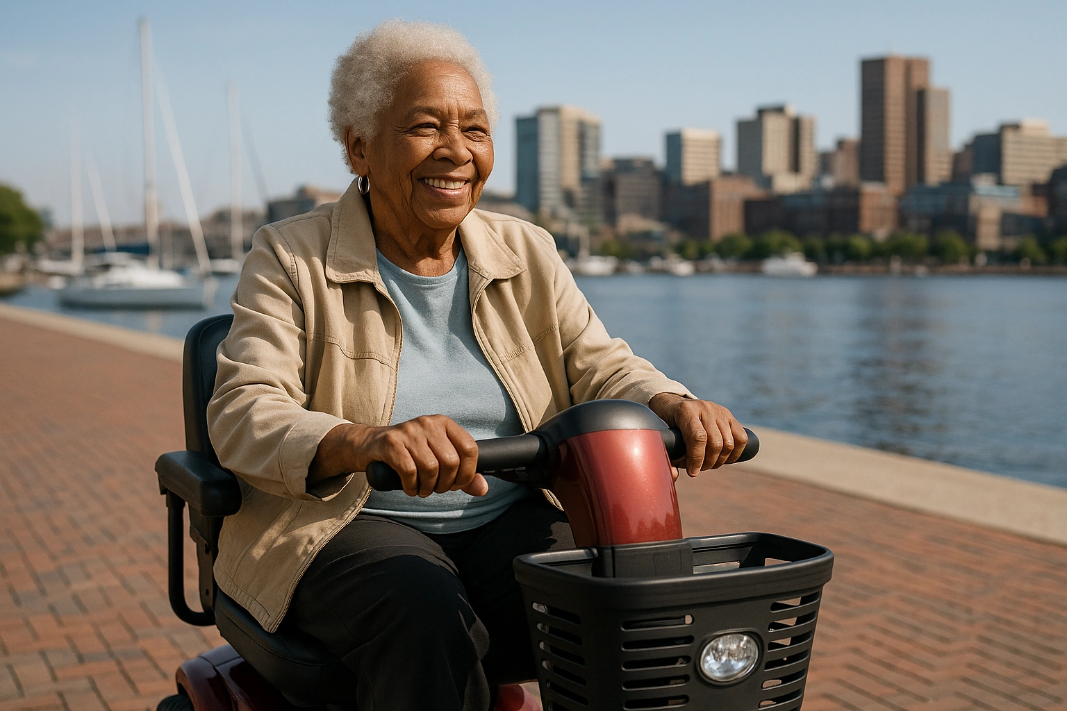 Smiling senior riding a mobility scooter on the flat brick promenade of Baltimore's Inner Harbor with boats and skyline behind