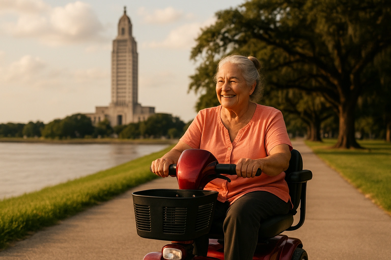 Senior woman in a coral blouse riding a red four-wheel mobility scooter along a flat smooth paved levee path beside the wide Mississippi River in Baton Rouge, Louisiana, with the tall art-deco state capitol tower rising over live oak trees in warm humid southern afternoon light