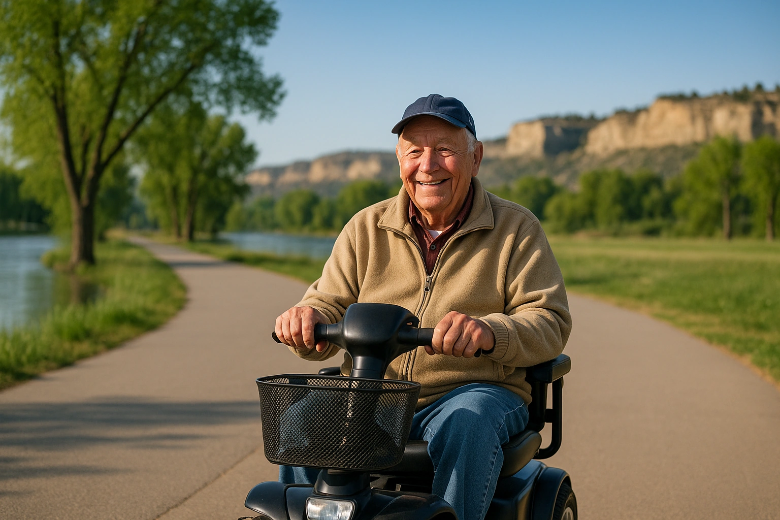 Senior man riding a four-wheel mobility scooter along a wide flat paved riverside trail beside the Yellowstone River in Billings, Montana, with green cottonwood trees, open grass and the dramatic sandstone Rimrocks cliffs and big blue sky in the distance on a clear morning