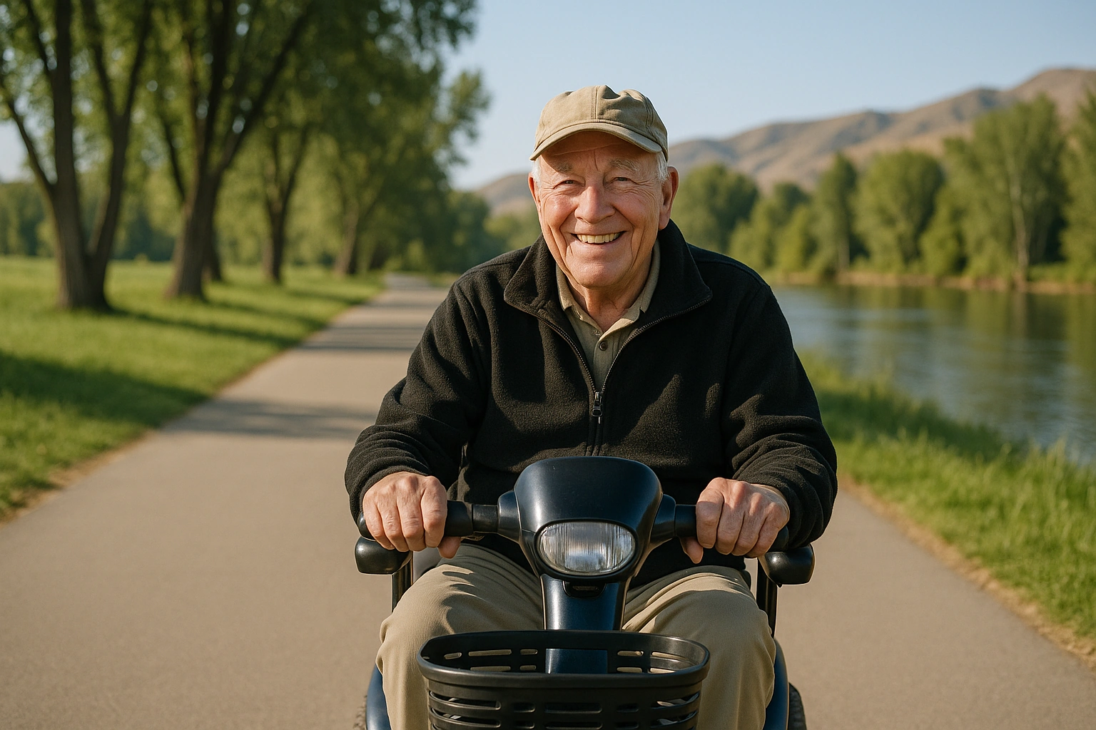 Smiling senior man riding a four-wheel mobility scooter along a wide smooth paved riverside greenbelt path beside the Boise River, with cottonwood trees, green grass and dry foothills in the distance on a clear morning