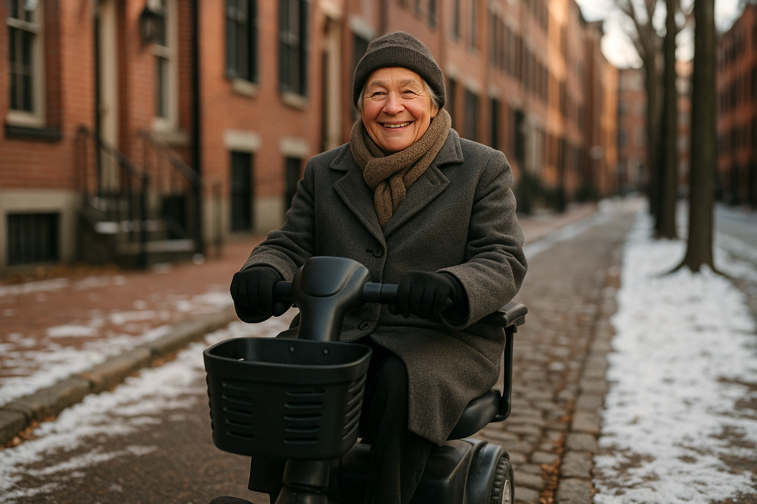 Smiling senior riding a mobility scooter on a historic Boston brick sidewalk dusted with snow beside red-brick row houses