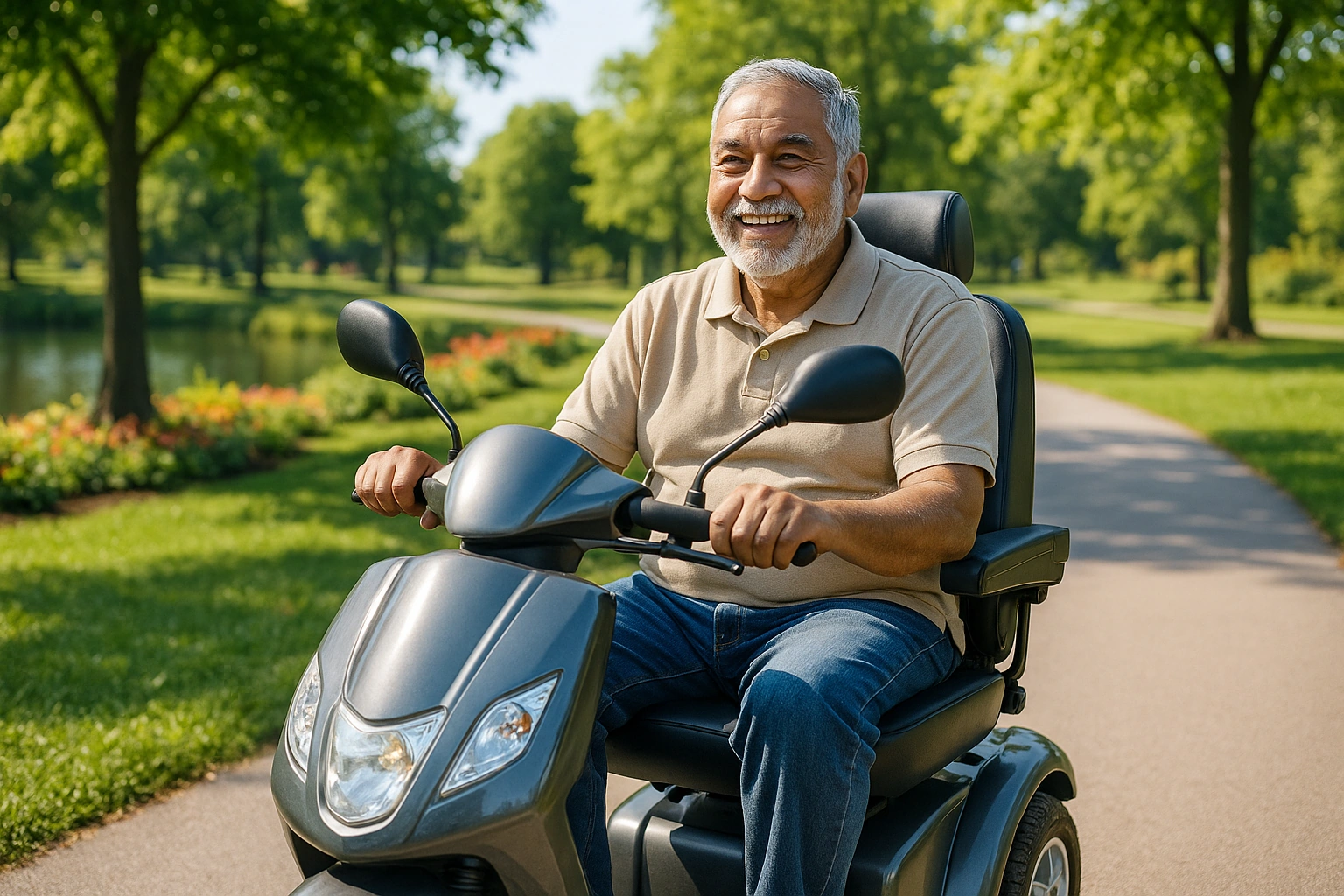 Senior South Asian man with grey hair and a short grey beard riding a modern mobility scooter on a smooth wide paved trail through a large green city park in Brampton, Ontario, with leafy trees, flowerbeds and a pond under bright summer morning light