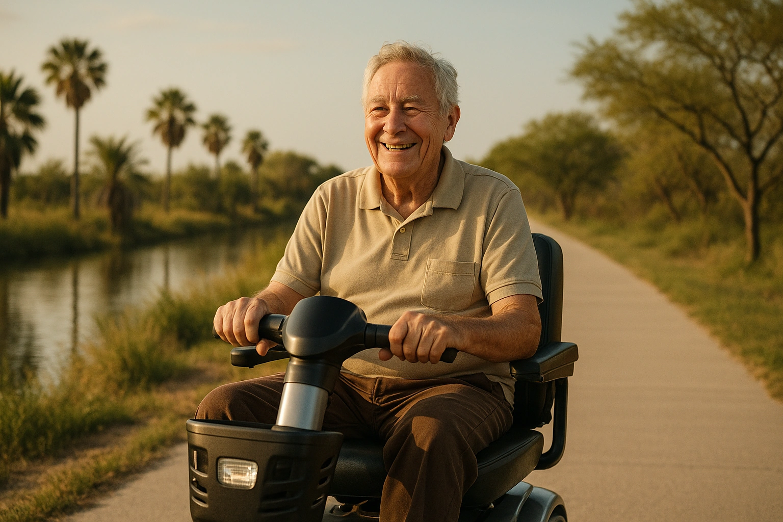 Senior man with grey hair riding a modern mobility scooter on a wide flat paved ten-foot-wide trail through the flat subtropical South Texas landscape near Brownsville, with palm trees, mesquite, a calm resaca water channel alongside and a blue sky