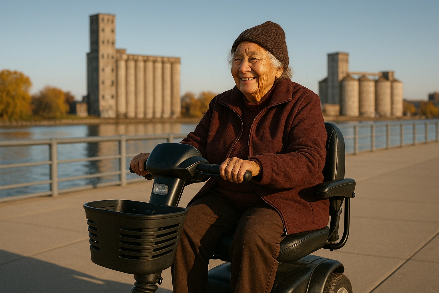 Smiling senior woman in a warm hat riding a four-wheel mobility scooter along a paved waterfront path in Buffalo, with historic concrete grain elevators across the water behind her on an autumn afternoon