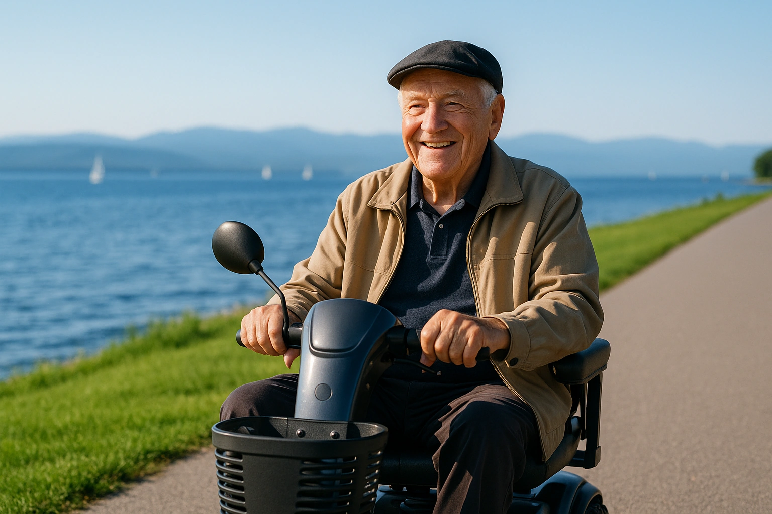 Senior man riding a four-wheel mobility scooter along a wide flat paved waterfront bike path beside Lake Champlain in Burlington, Vermont, with green grass, the blue lake, sailboats and the blue Adirondack mountains across the water on a clear morning