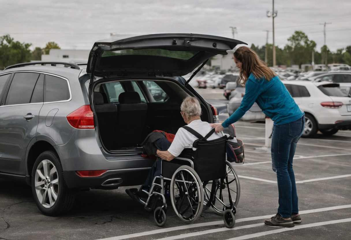 Companion helping a wheelchair user at the open rear hatch of a car in a parking lot