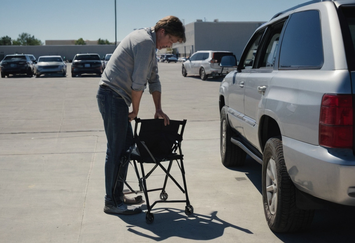 Man folding a transport chair with four small wheels beside a car in a parking lot