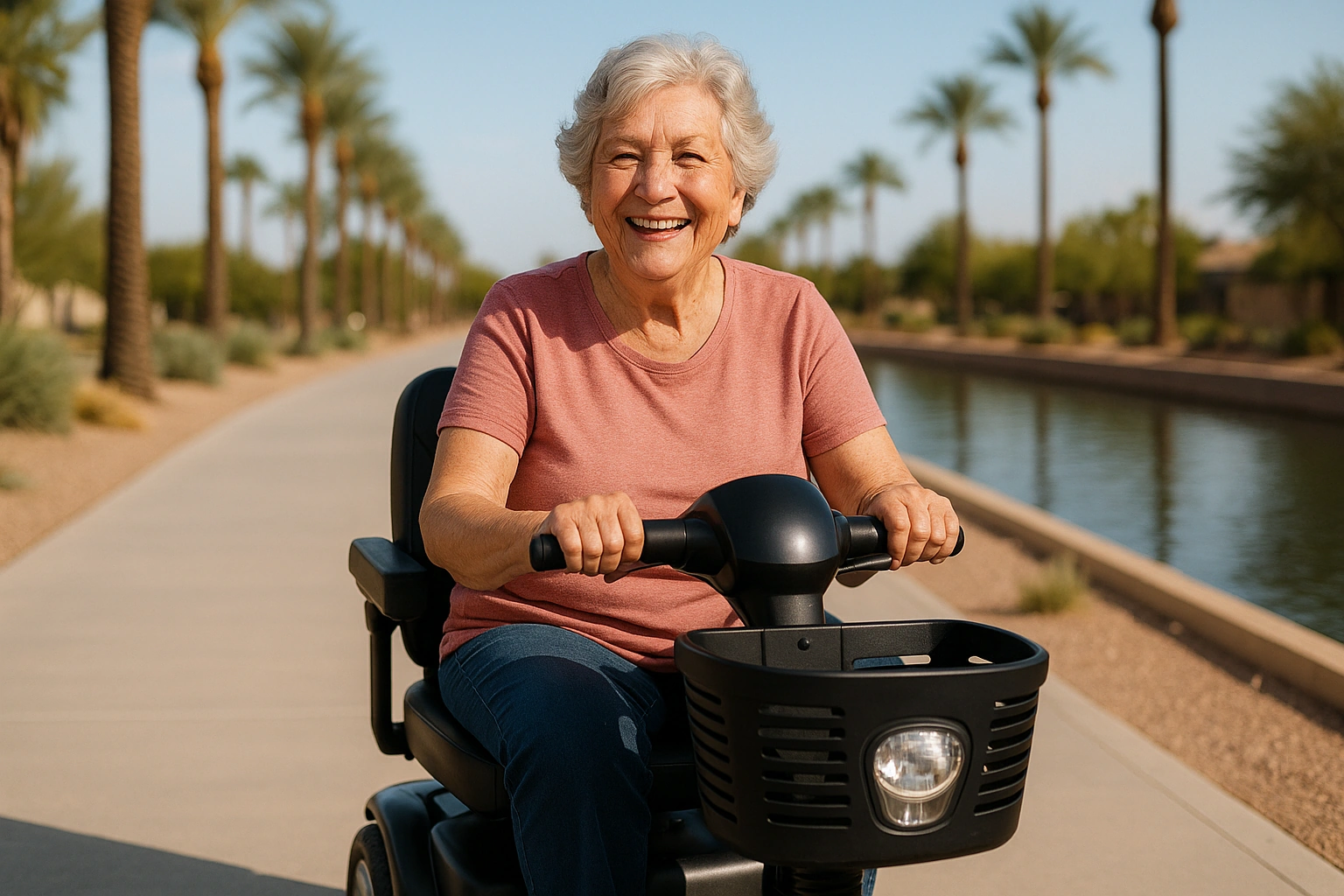 Senior woman with grey hair riding a modern mobility scooter on a wide smooth concrete paved multi-use path alongside a canal in Chandler, Arizona, with palm trees, desert landscaping and a clear blue sky