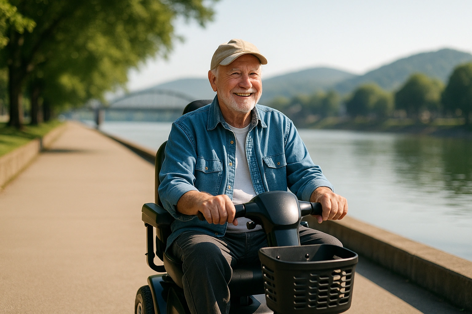 Senior man riding a four-wheel mobility scooter along a wide flat paved riverside walkway on Kanawha Boulevard beside the Kanawha River in Charleston, West Virginia, with green trees, a historic bridge and the green Appalachian hills rising in the distance on a clear morning