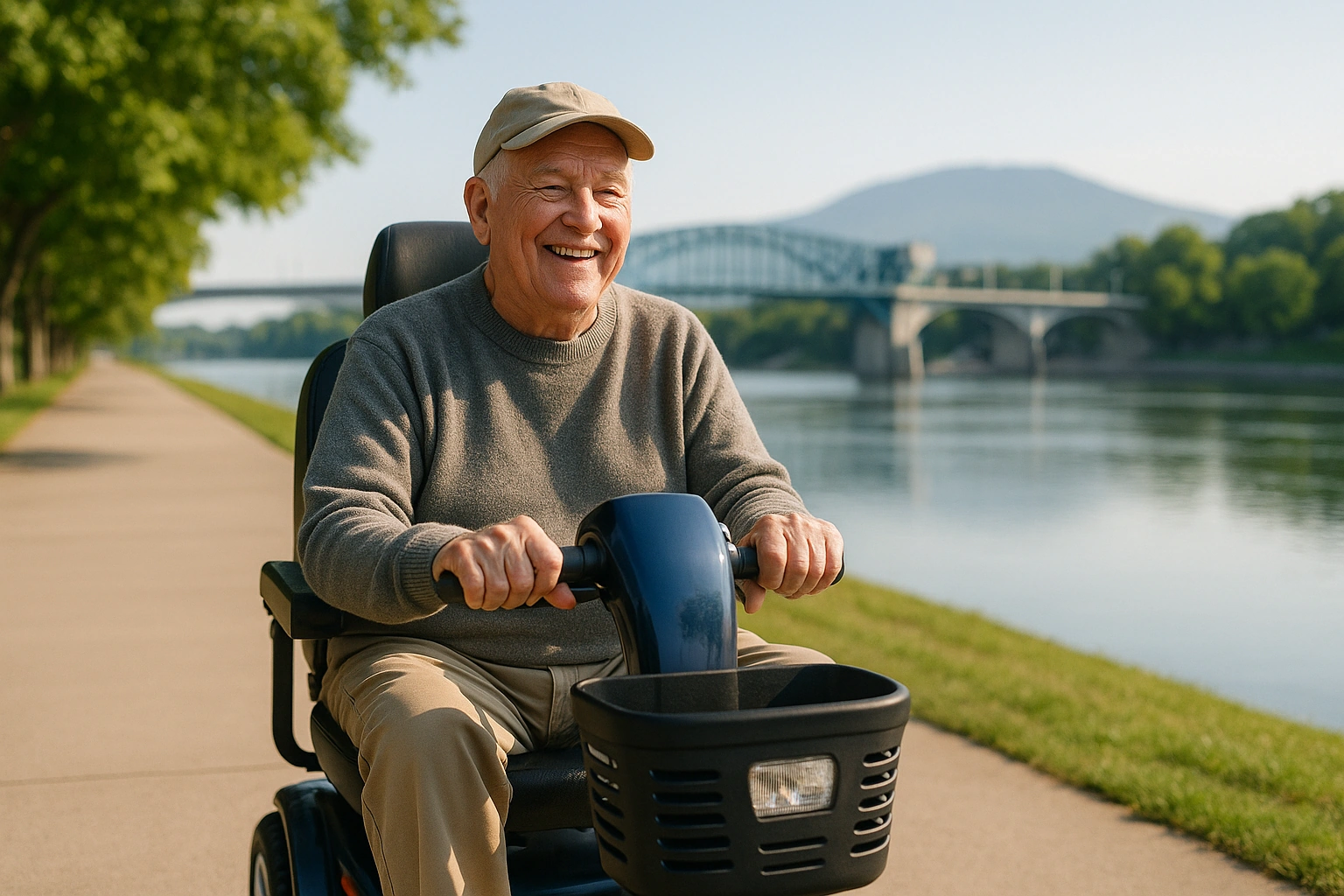 Senior man riding a four-wheel mobility scooter along a wide flat paved riverfront walkway on the Tennessee Riverwalk beside the Tennessee River in Chattanooga, with green trees, a historic bridge and the blue ridge of Lookout Mountain in the distance on a clear morning