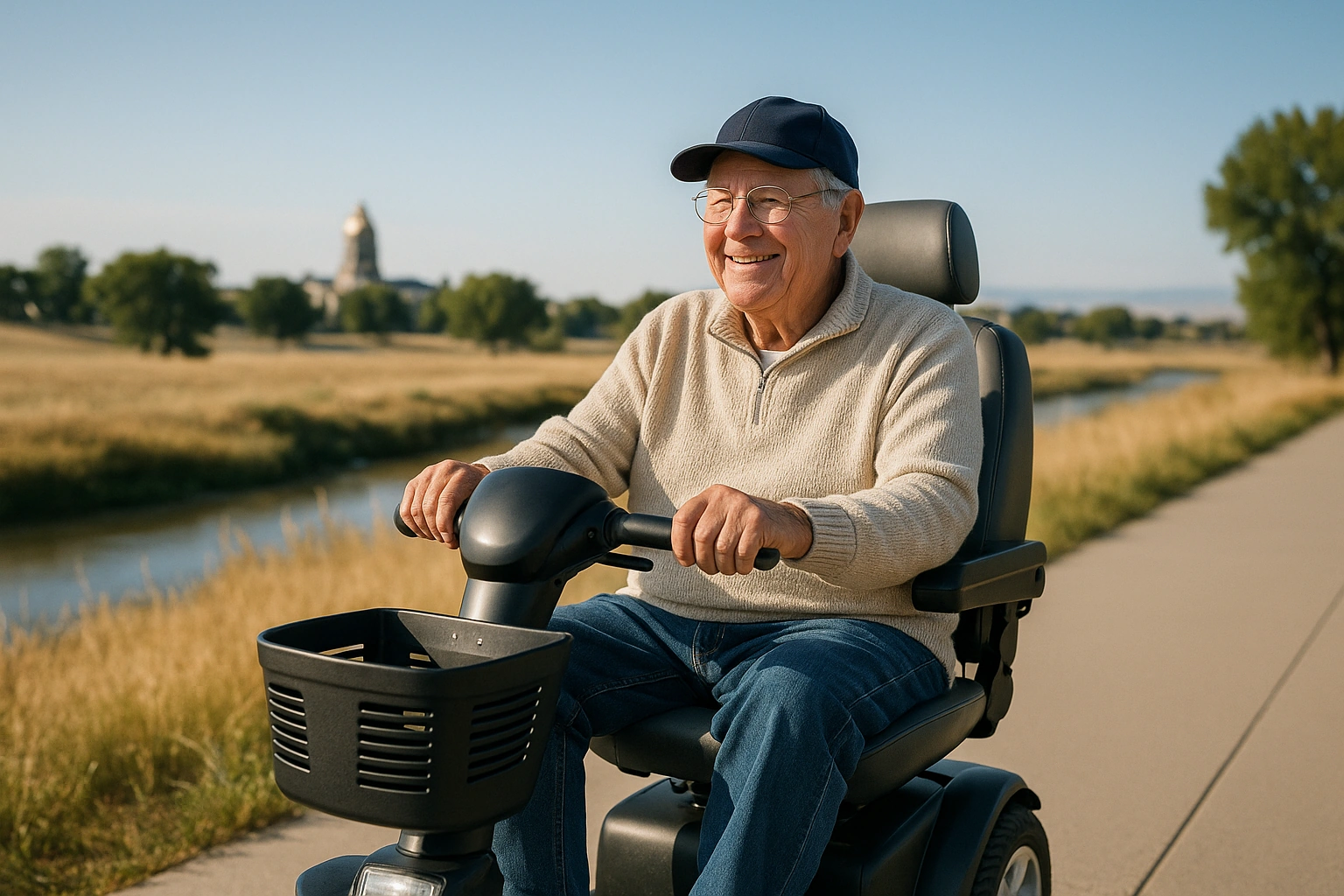 Senior man riding a four-wheel mobility scooter along a wide flat paved greenway path along Crow Creek in Cheyenne, Wyoming, with golden prairie grass, a few green trees, big open sky and the state capitol dome in the distance on a clear high-plains morning