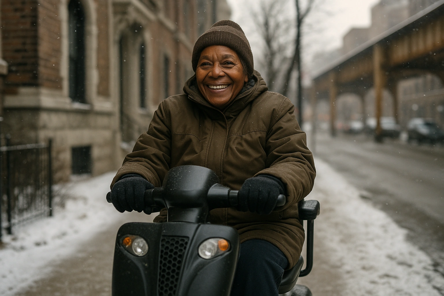 Smiling senior riding a mobility scooter on a snowy Chicago sidewalk near brick buildings and an elevated train track