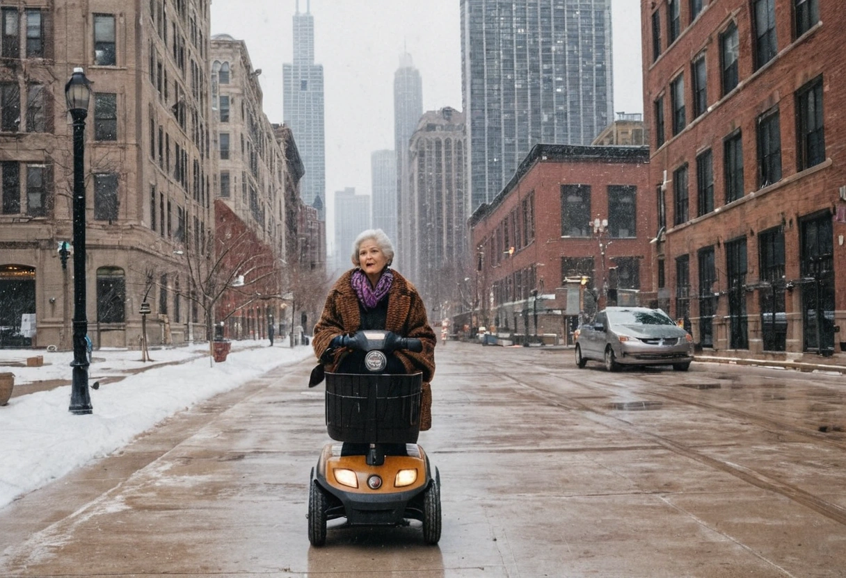 Senior riding a four-wheel mobility scooter on a snowy city sidewalk in winter in Wyoming