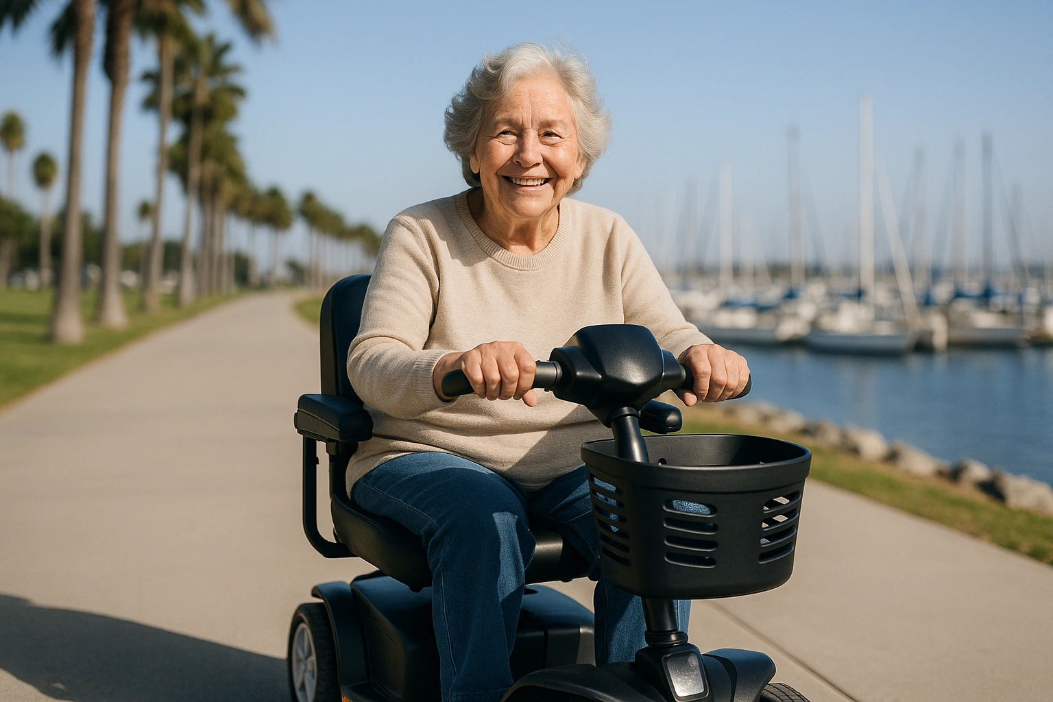 Senior woman with grey hair riding a modern four-wheel mobility scooter on a wide smooth paved bayfront trail along San Diego Bay in Chula Vista, California, with palm trees, a marina with sailboats and a clear blue sky on a mild sunny day