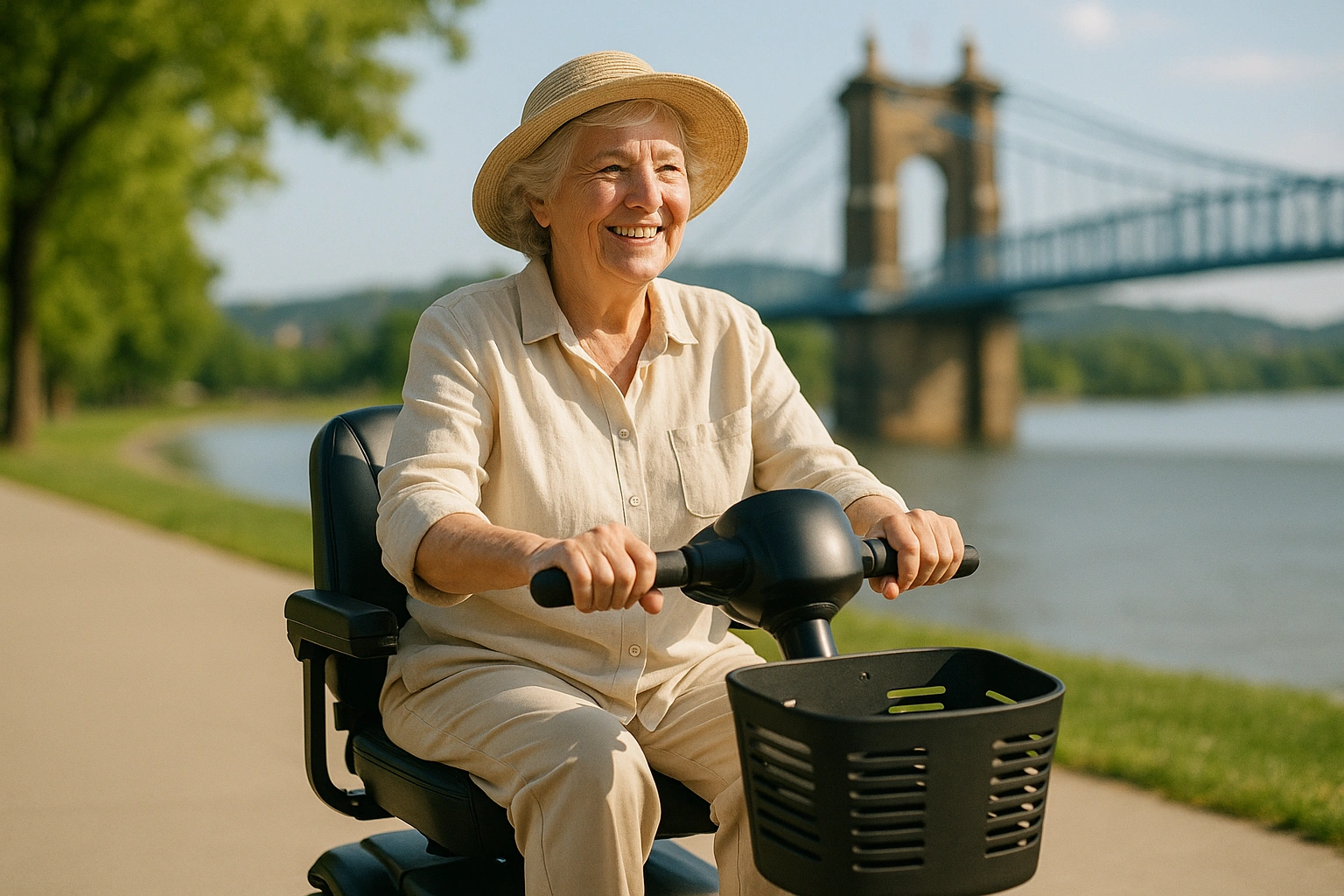 Smiling senior woman riding a four-wheel mobility scooter on a flat paved riverfront park path in Cincinnati with the Ohio River and a suspension bridge behind on a sunny afternoon