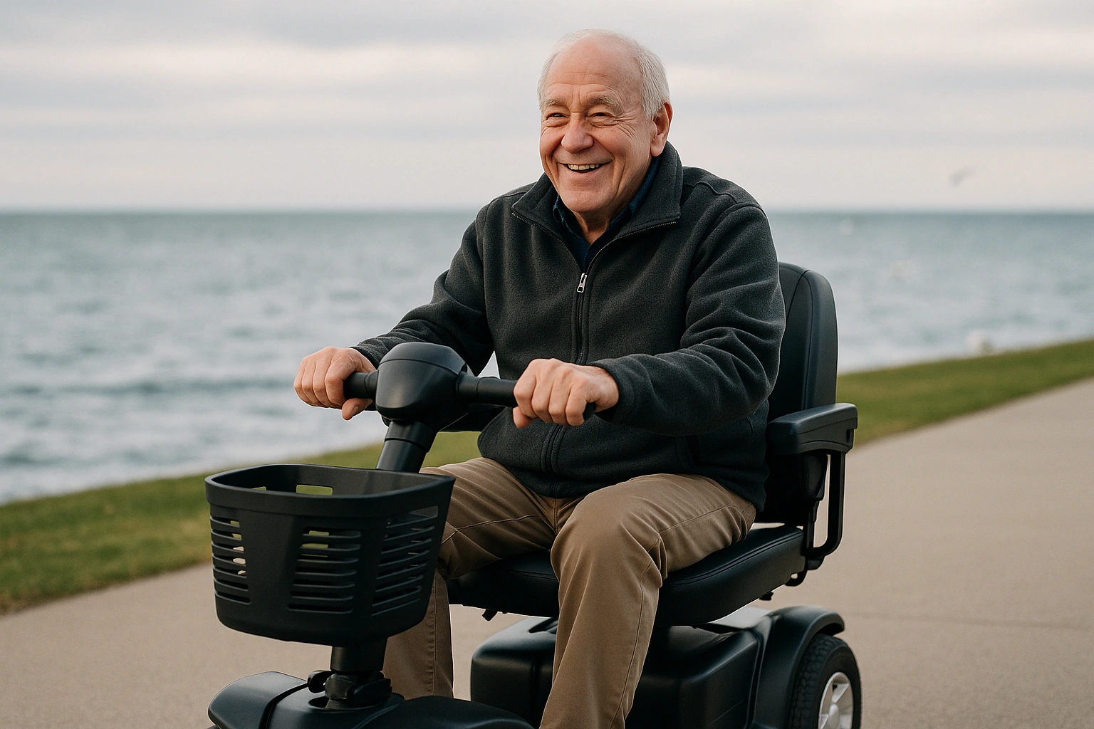 Smiling senior man riding a four-wheel mobility scooter on a flat paved lakefront path in Cleveland with Lake Erie behind him on a crisp bright day