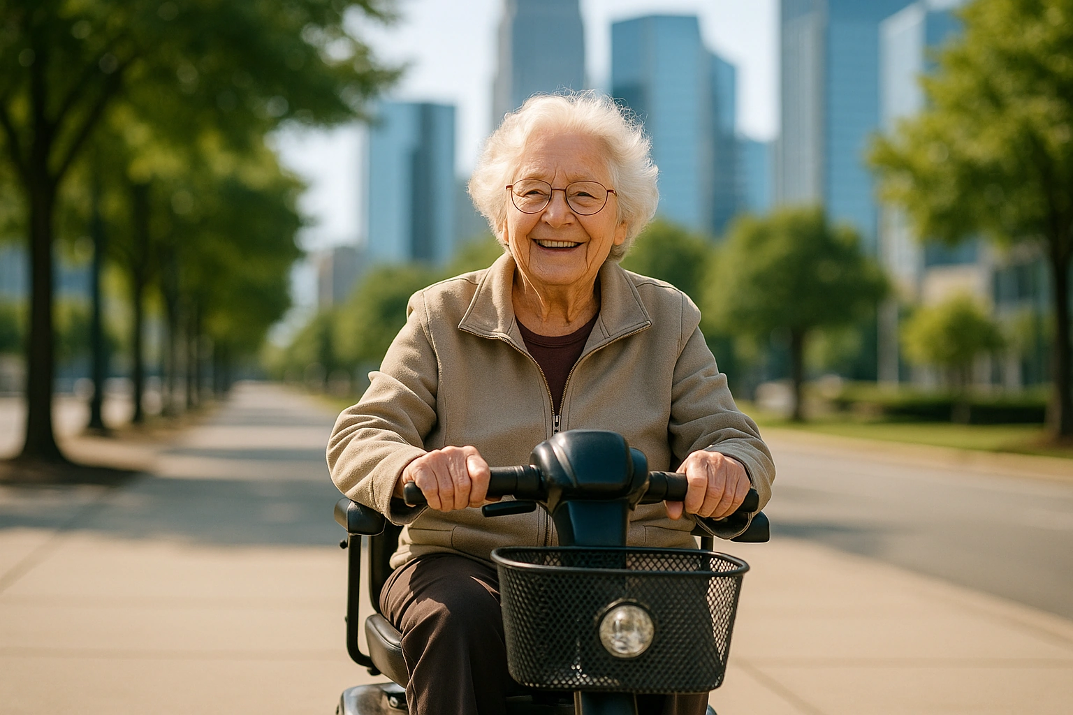 Smiling senior riding a mobility scooter on a tree-lined uptown Charlotte sidewalk with glass towers behind