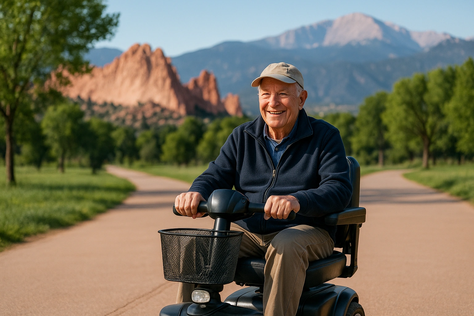Smiling senior man riding a four-wheel mobility scooter along a wide flat paved city park path in Colorado Springs, with green trees and red rock formations and the Rocky Mountains rising behind on a clear morning