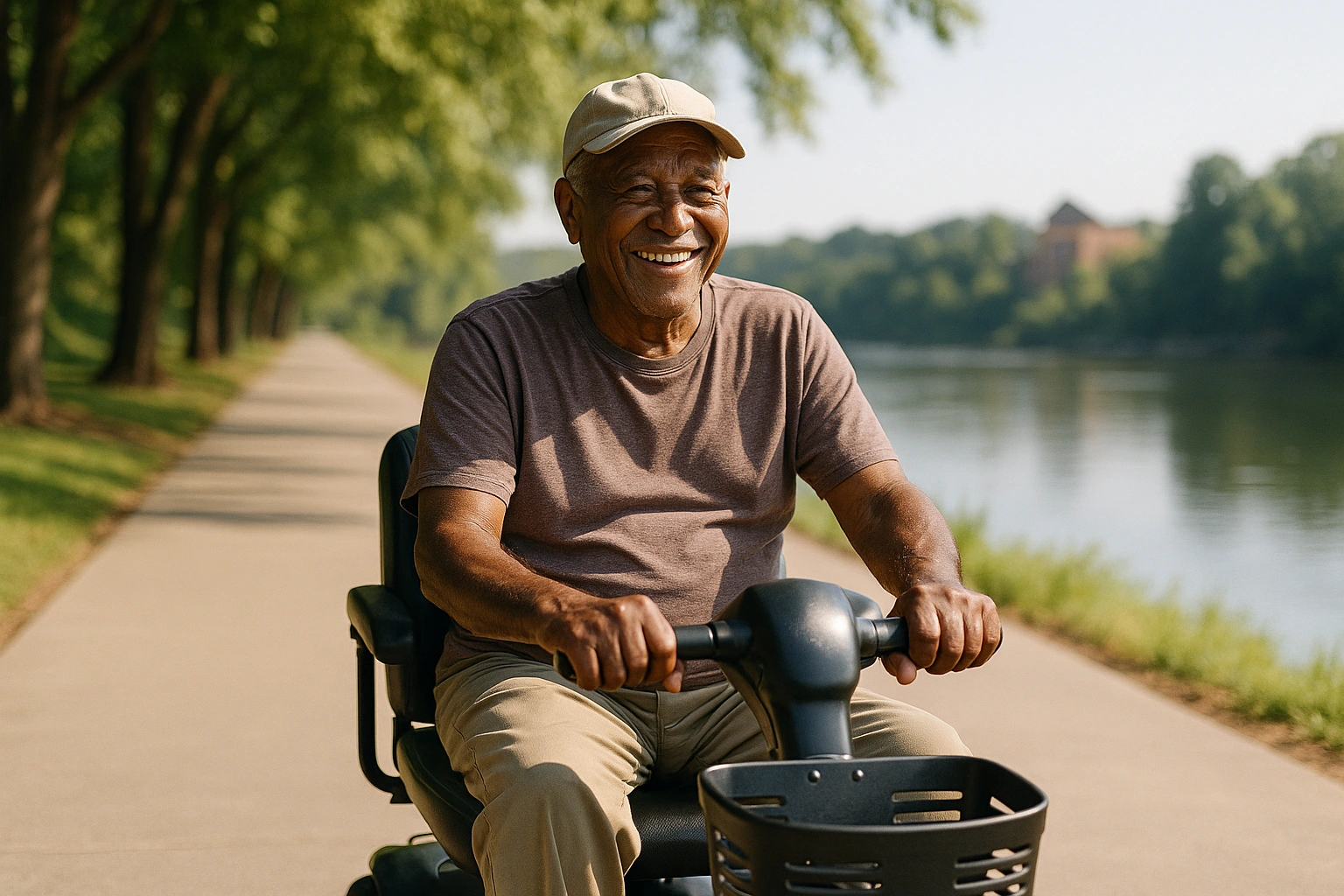 Senior man riding a four-wheel mobility scooter along a wide flat paved riverwalk beside the Congaree River in Columbia, South Carolina, with tall green trees, dappled shade and a historic brick riverfront in the distance on a bright hot morning