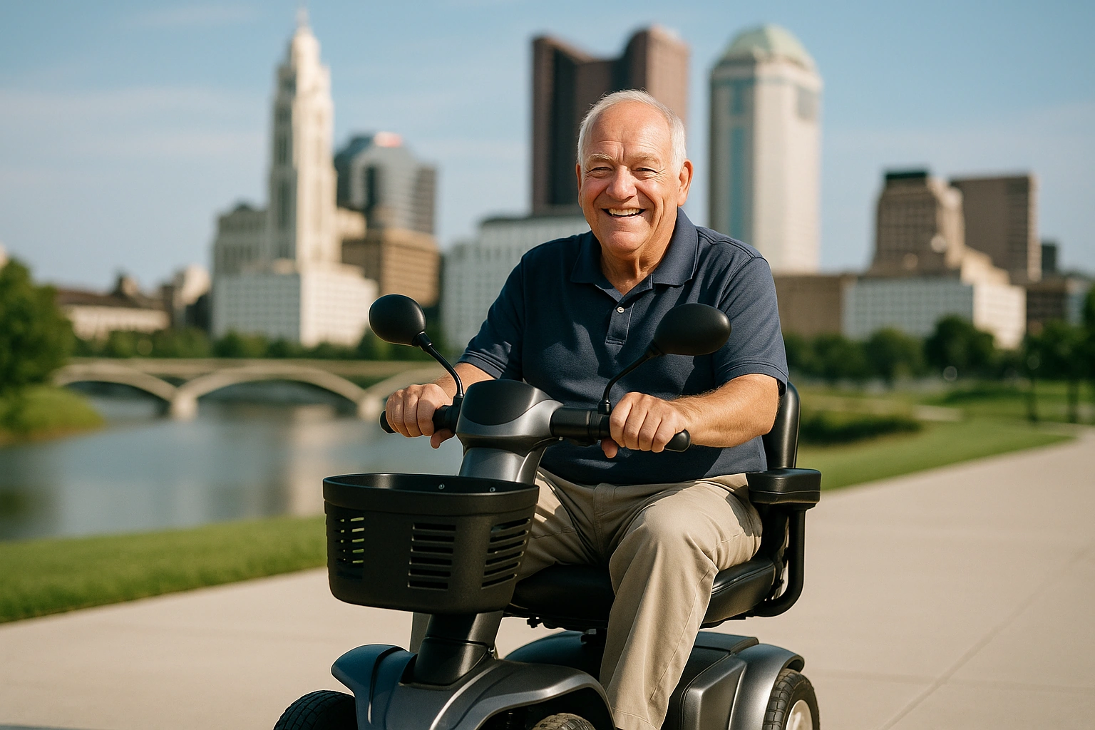 Smiling senior man riding a four-wheel mobility scooter on a wide flat paved downtown riverfront promenade in Columbus, Ohio with the Scioto River and skyline behind on a bright day