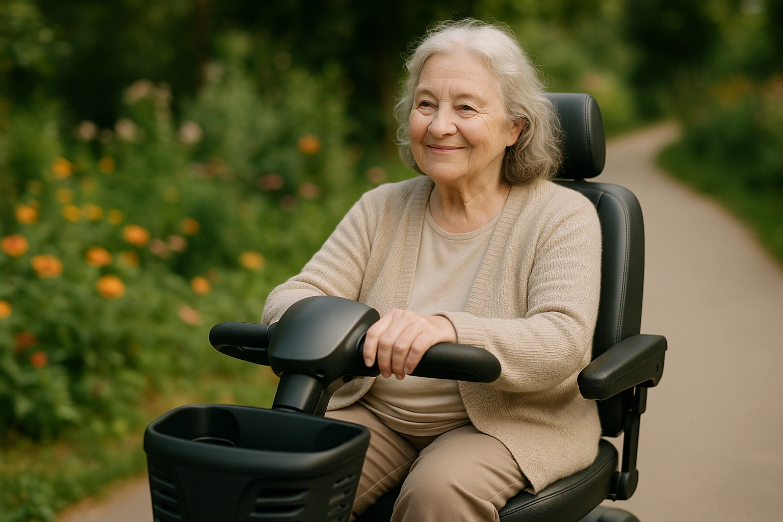 Senior woman resting her hands comfortably on the padded ergonomic tiller of a four-wheel mobility scooter on a smooth garden path