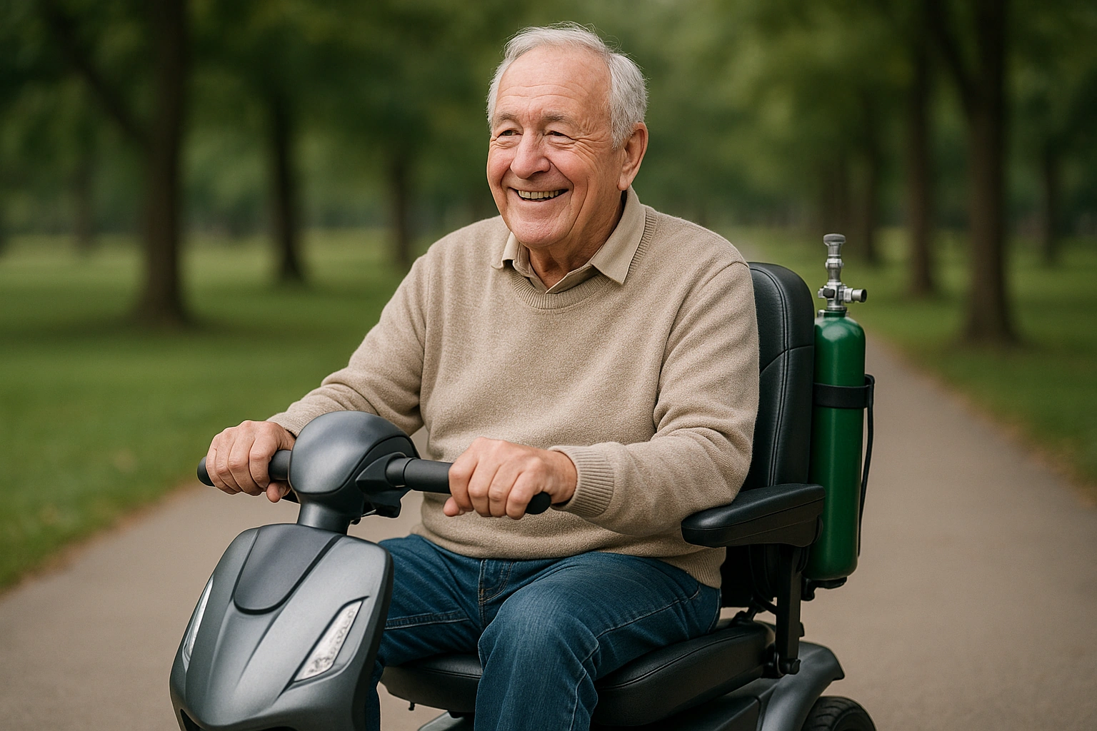 Senior man riding a four-wheel mobility scooter with a small oxygen cylinder in a holder on the seat back, on a flat paved park path