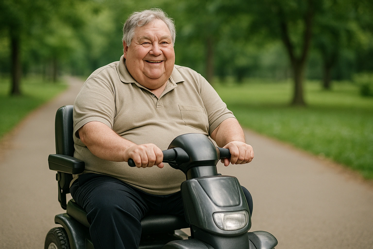 A heavier-set senior man sitting comfortably and stably on a sturdy wide-seat four-wheel mobility scooter on a wide paved park path