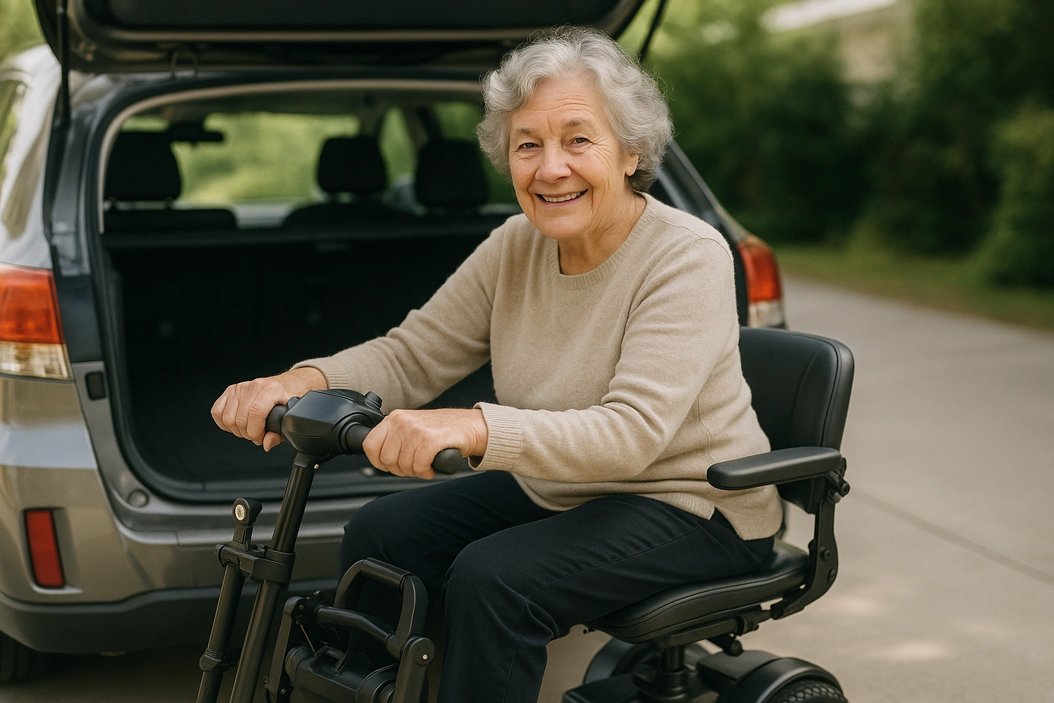 A middle-aged woman easily lifting the folded frame of a lightweight mobility scooter into a car boot, on a shaded driveway
