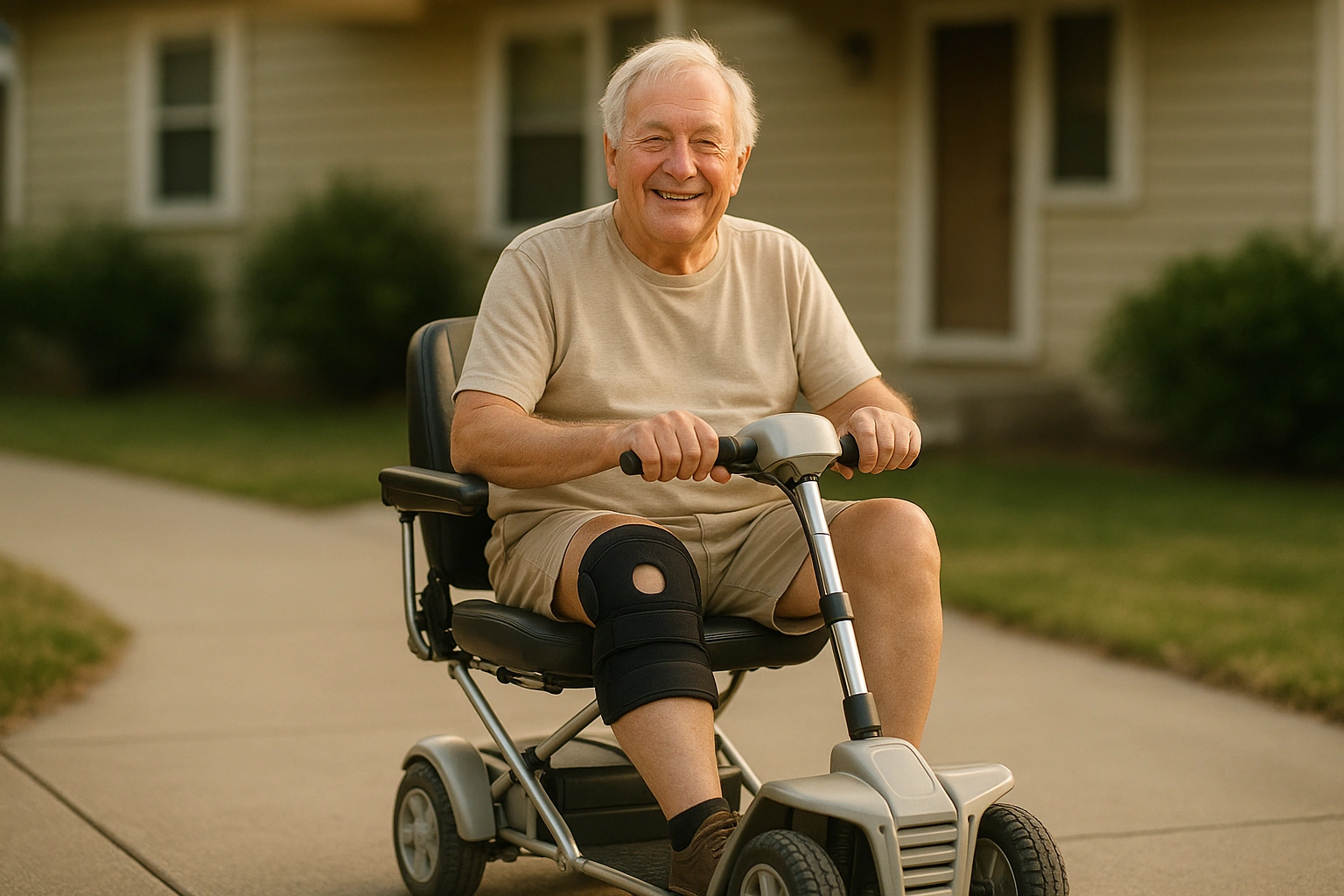 A person recovering from surgery, seated comfortably on a lightweight mobility scooter with a knee resting, on a smooth home path