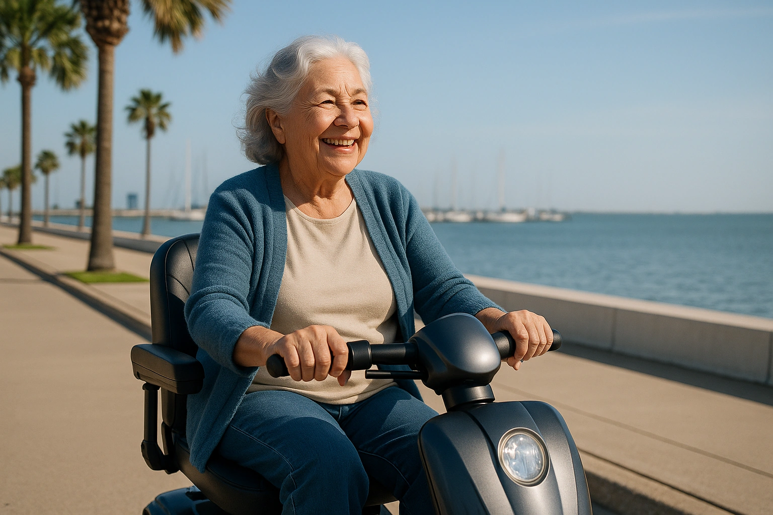 Senior woman with silver hair riding a modern mobility scooter on a wide flat paved bayfront seawall promenade beside Corpus Christi Bay in Corpus Christi, Texas, with palm trees, calm blue water, sailboats and a marina behind her under a bright sunny sky