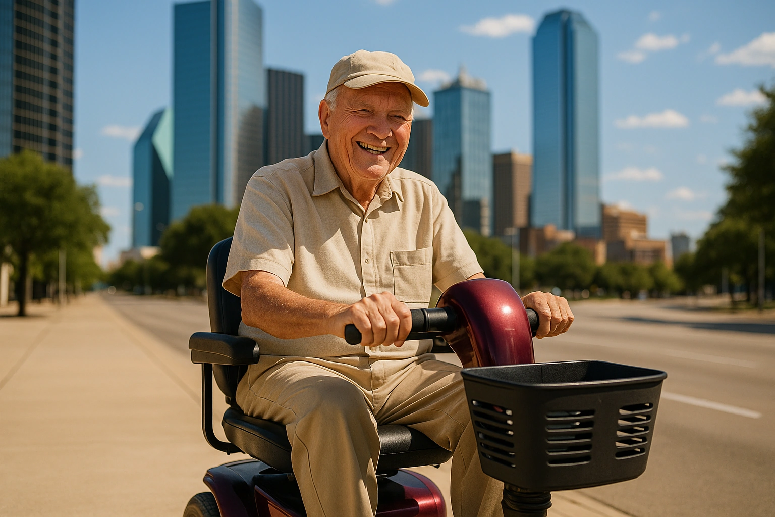 Smiling senior riding a mobility scooter on a wide sunny Dallas sidewalk with modern glass towers behind
