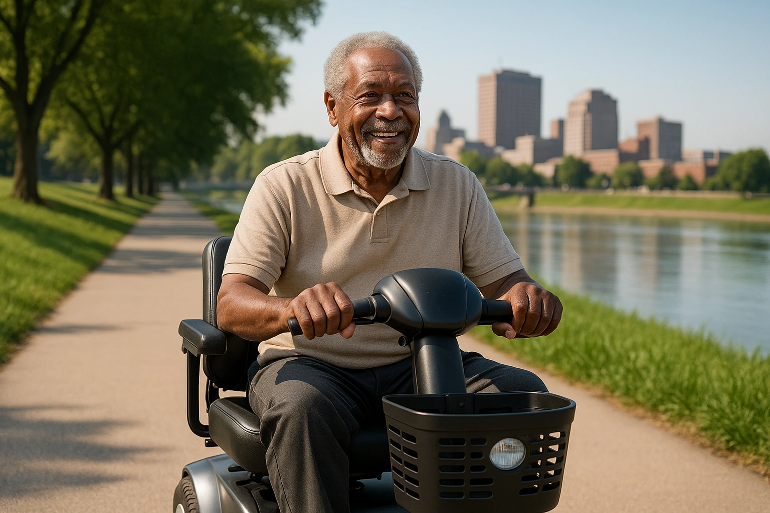 Senior Black man with grey hair riding a modern mobility scooter on a wide smooth paved riverside trail beside the Great Miami River in Dayton, Ohio, with green trees and a modest downtown skyline behind him under a bright clear morning sky