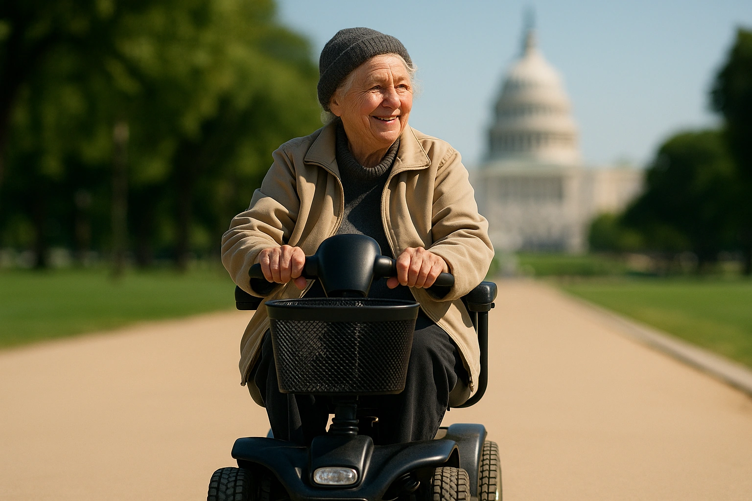 Smiling senior riding a mobility scooter on a flat paved path on the National Mall in Washington DC with the Capitol dome behind