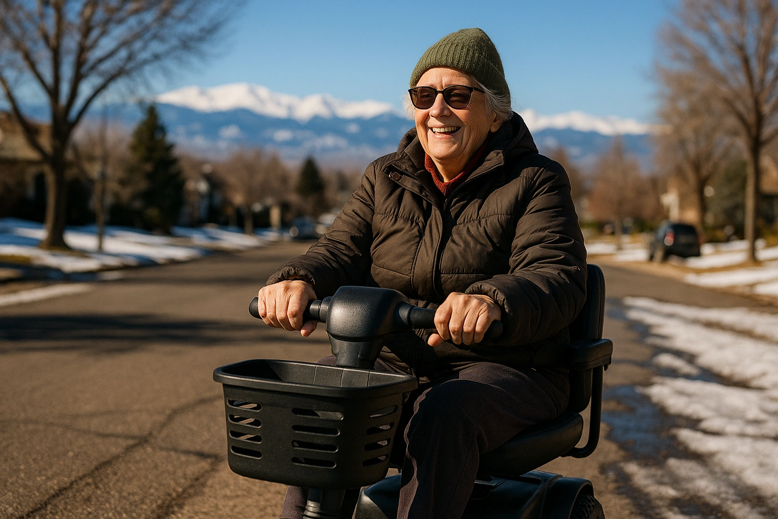 Smiling senior riding a mobility scooter on a sunny Denver street with the snow-capped Rocky Mountains behind