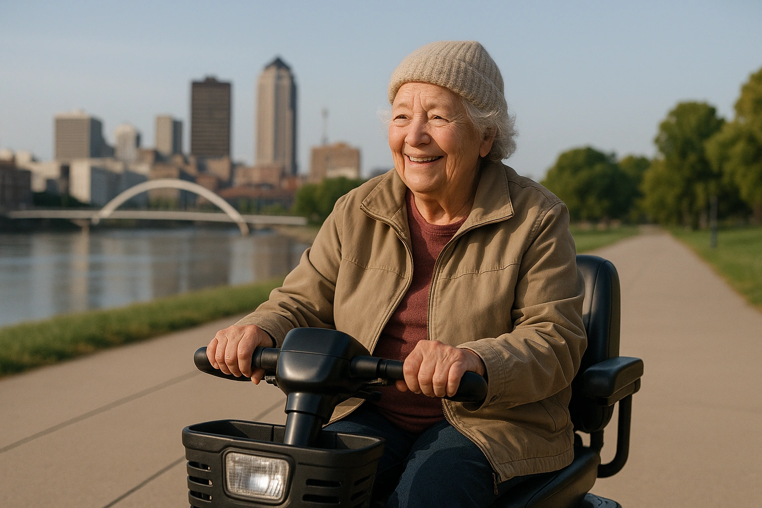 Smiling senior woman riding a four-wheel mobility scooter along a wide flat paved riverfront path in downtown Des Moines, Iowa, with a modern skyline, a pedestrian bridge and green trees on a clear morning