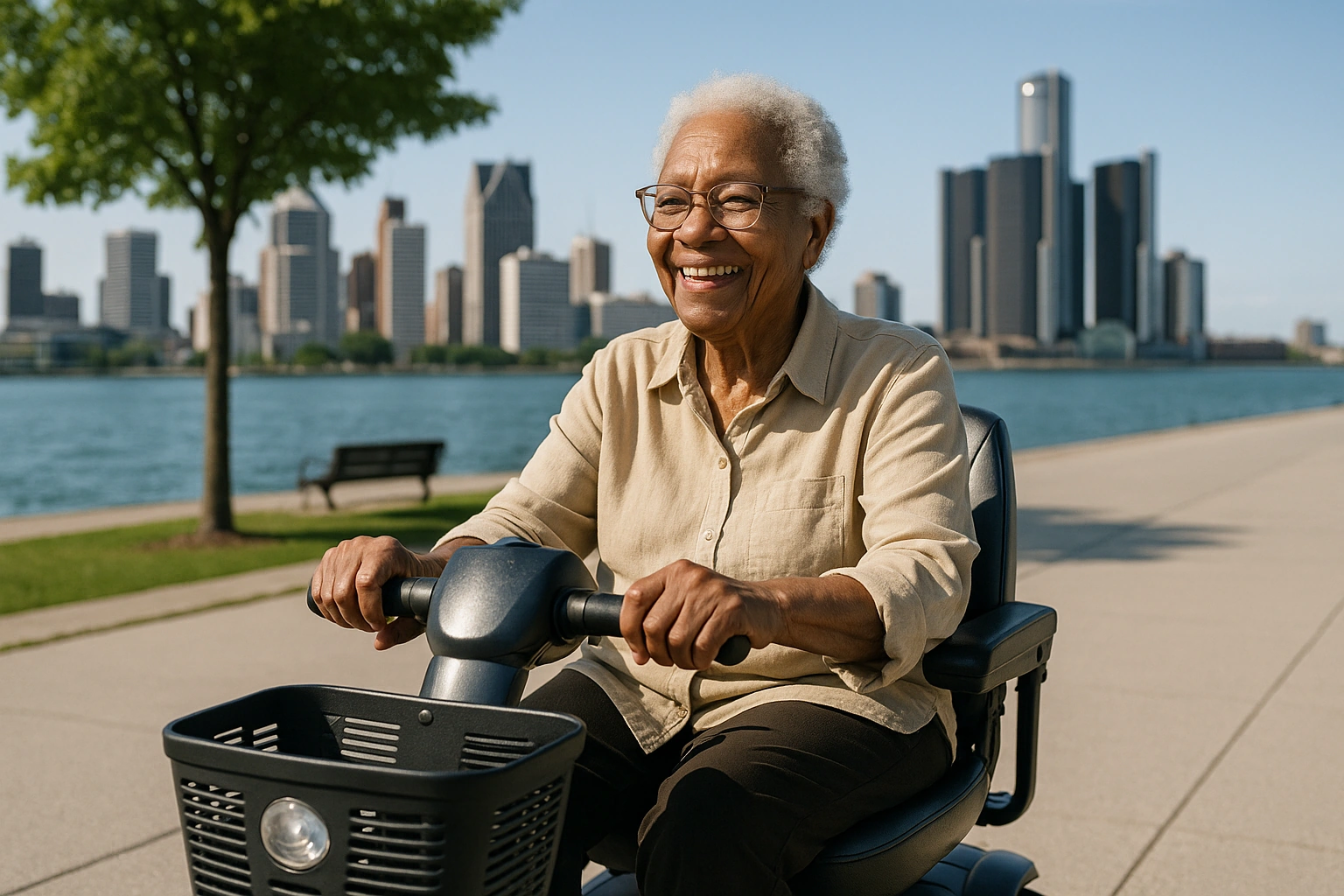 Smiling senior riding a mobility scooter on the paved Detroit RiverWalk beside the river with the downtown skyline behind