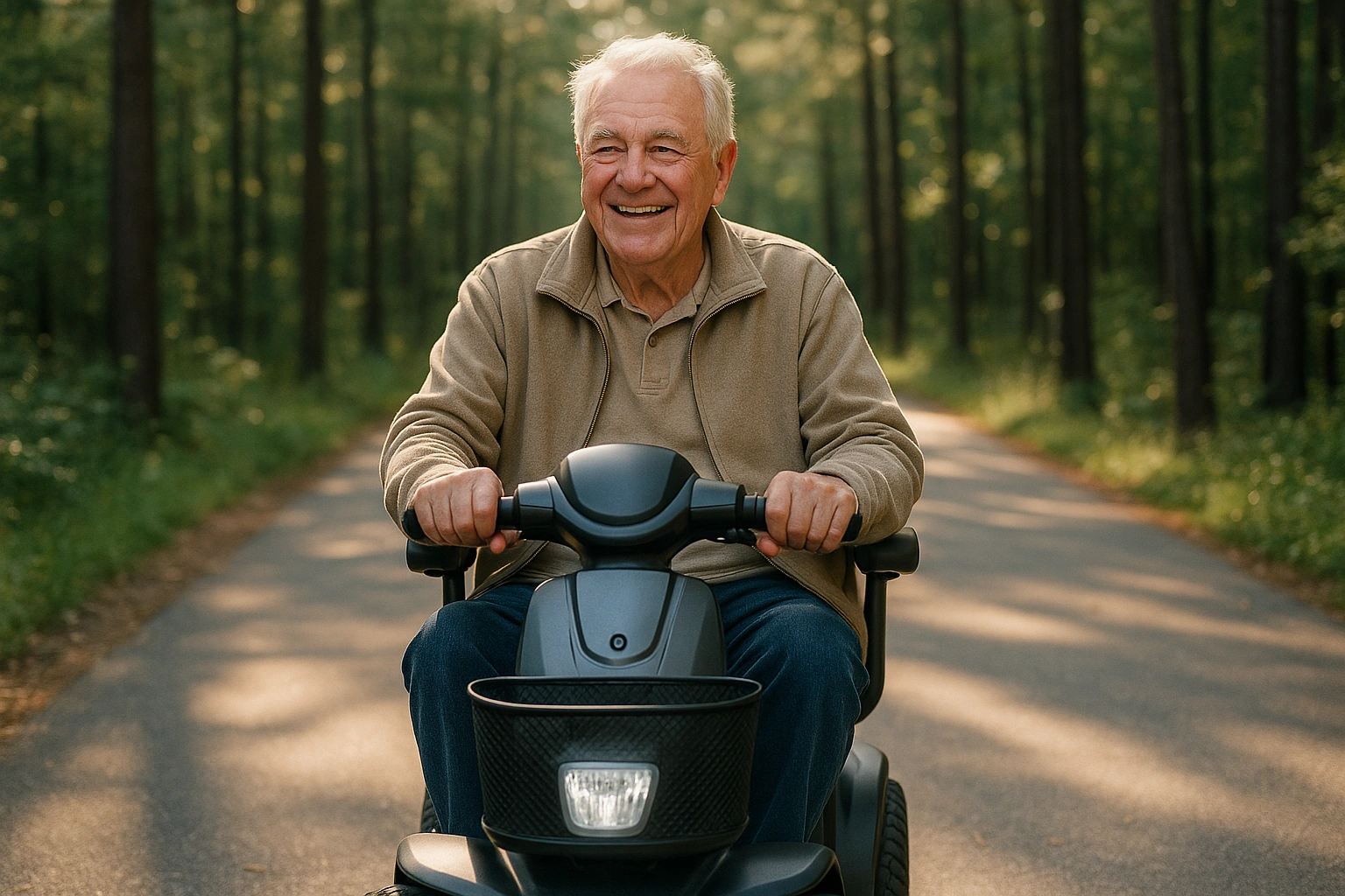 Senior man with grey hair riding a modern mobility scooter on a smooth paved tree-lined rail-trail through green pine woods in Durham, North Carolina, in dappled golden morning sunlight