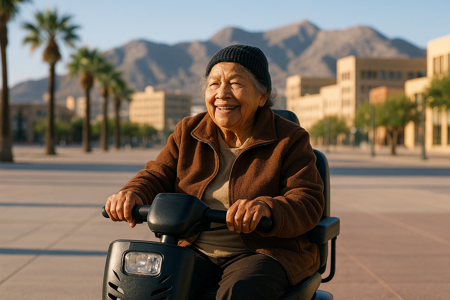 Smiling senior woman riding a four-wheel mobility scooter along a wide flat paved plaza walkway in downtown El Paso, with desert palms, sunlit low buildings and the rocky Franklin Mountains rising behind the city