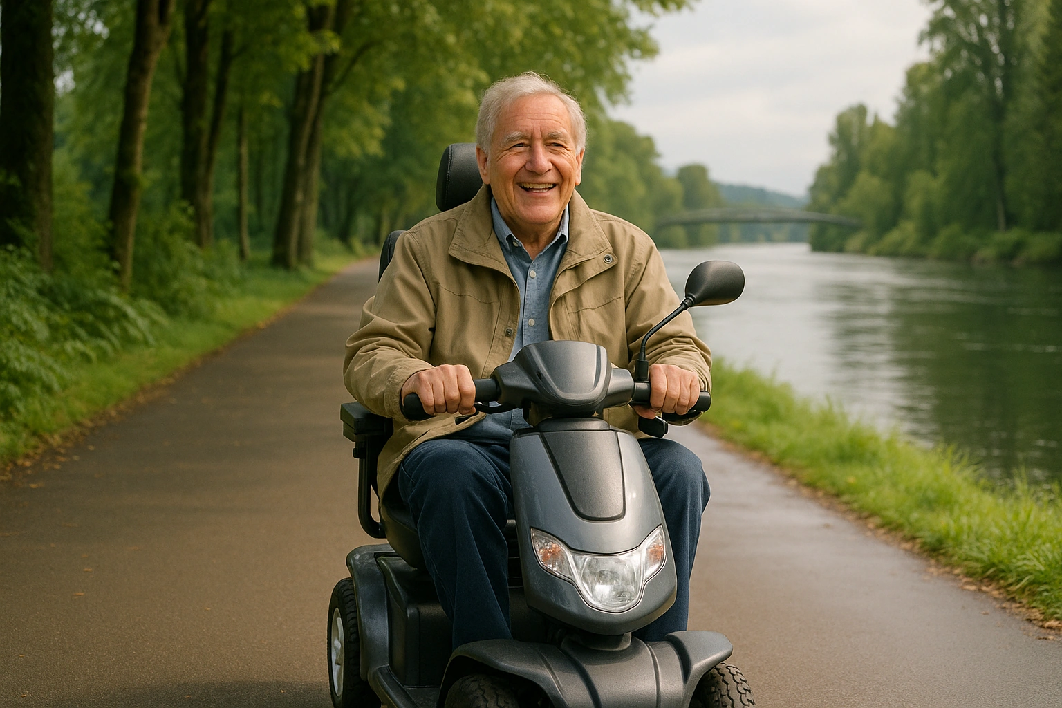 Senior man with grey hair riding a modern mobility scooter on a smooth wide paved riverside path beside the Willamette River in Eugene, Oregon, with tall green trees and ferns and a footbridge in the distance under soft bright light after rain