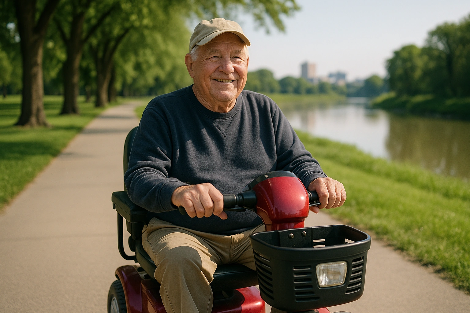 Senior man riding a four-wheel mobility scooter along a wide flat paved riverside path beside the Red River in a green park in Fargo, North Dakota, with shady trees, open grass and calm water on a clear morning