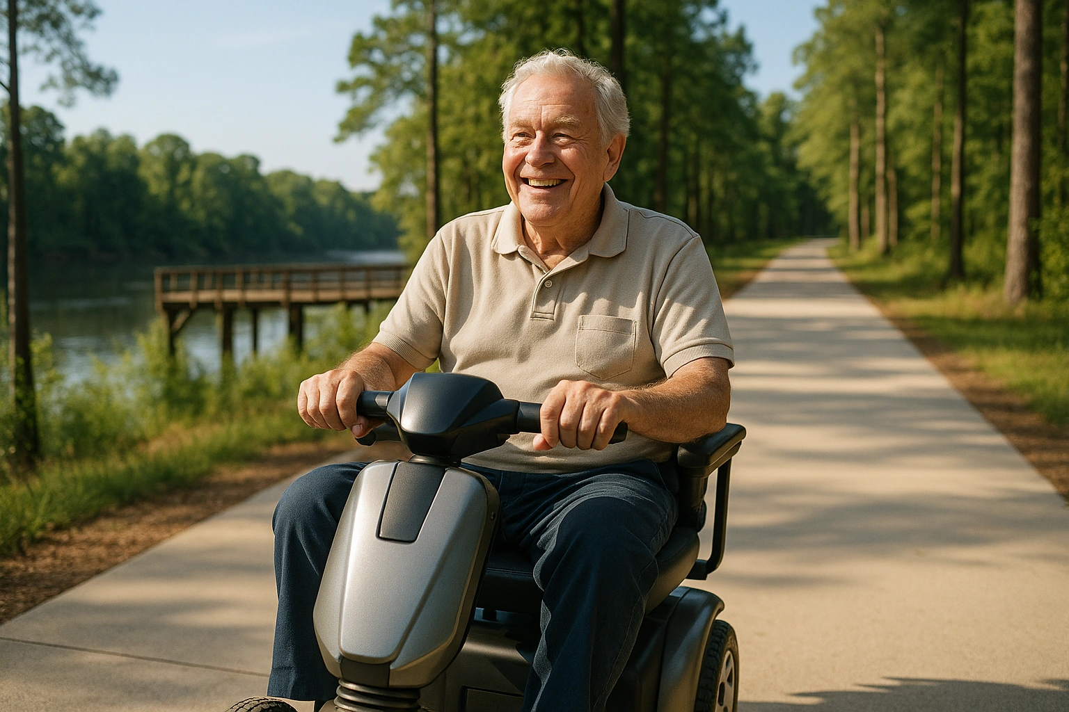Senior man with grey hair riding a modern mobility scooter on a wide flat paved ten-foot-wide riverside trail through green Southern pine and hardwood forest beside the Cape Fear River in Fayetteville, North Carolina, with a wooden boardwalk section and a blue sky