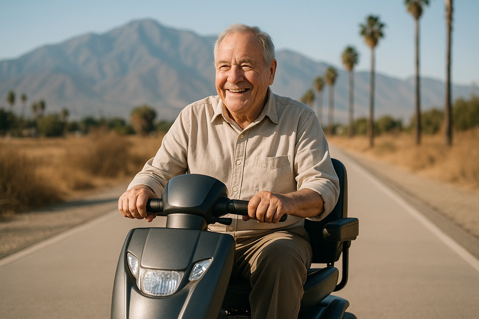 Senior man with grey hair riding a modern mobility scooter on a wide flat paved rail-trail path in Fontana, California, with palm trees and the San Bernardino Mountains rising in the background under a clear blue sky