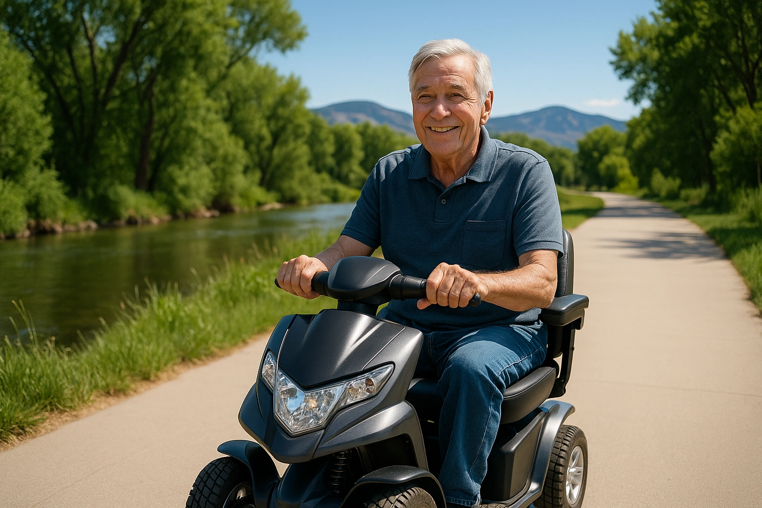 Senior man with grey hair riding a modern four-wheel mobility scooter on a wide smooth paved greenway trail beside a creek with green trees in Fort Collins, Colorado, with the Front Range foothills of the Rocky Mountains in the background under a bright blue sky