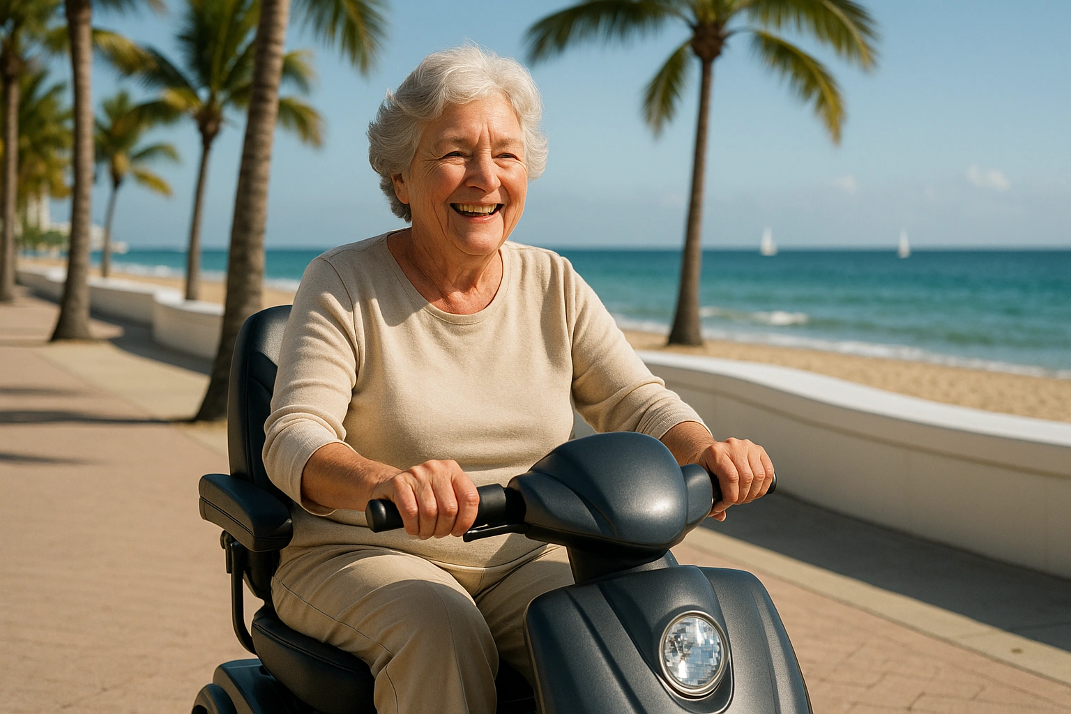 Senior woman with silver hair riding a modern mobility scooter on a wide flat paved beachfront promenade along the ocean in Fort Lauderdale, Florida, with palm trees, a low white wave-wall, sailboats and a bright blue sea and sky
