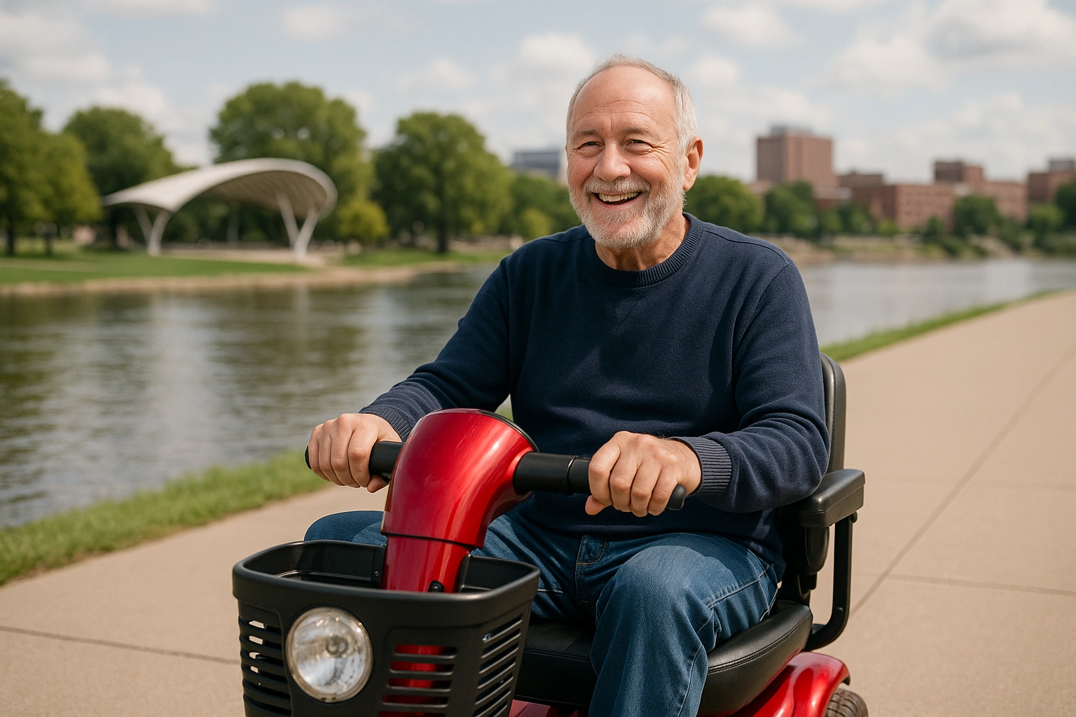 Senior man in a navy sweater riding a red four-wheel mobility scooter along a wide smooth paved riverfront greenway where two rivers meet in Fort Wayne, Indiana, with a modern downtown riverfront park pavilion, leafy trees and low brick buildings under a bright partly cloudy midwestern sky