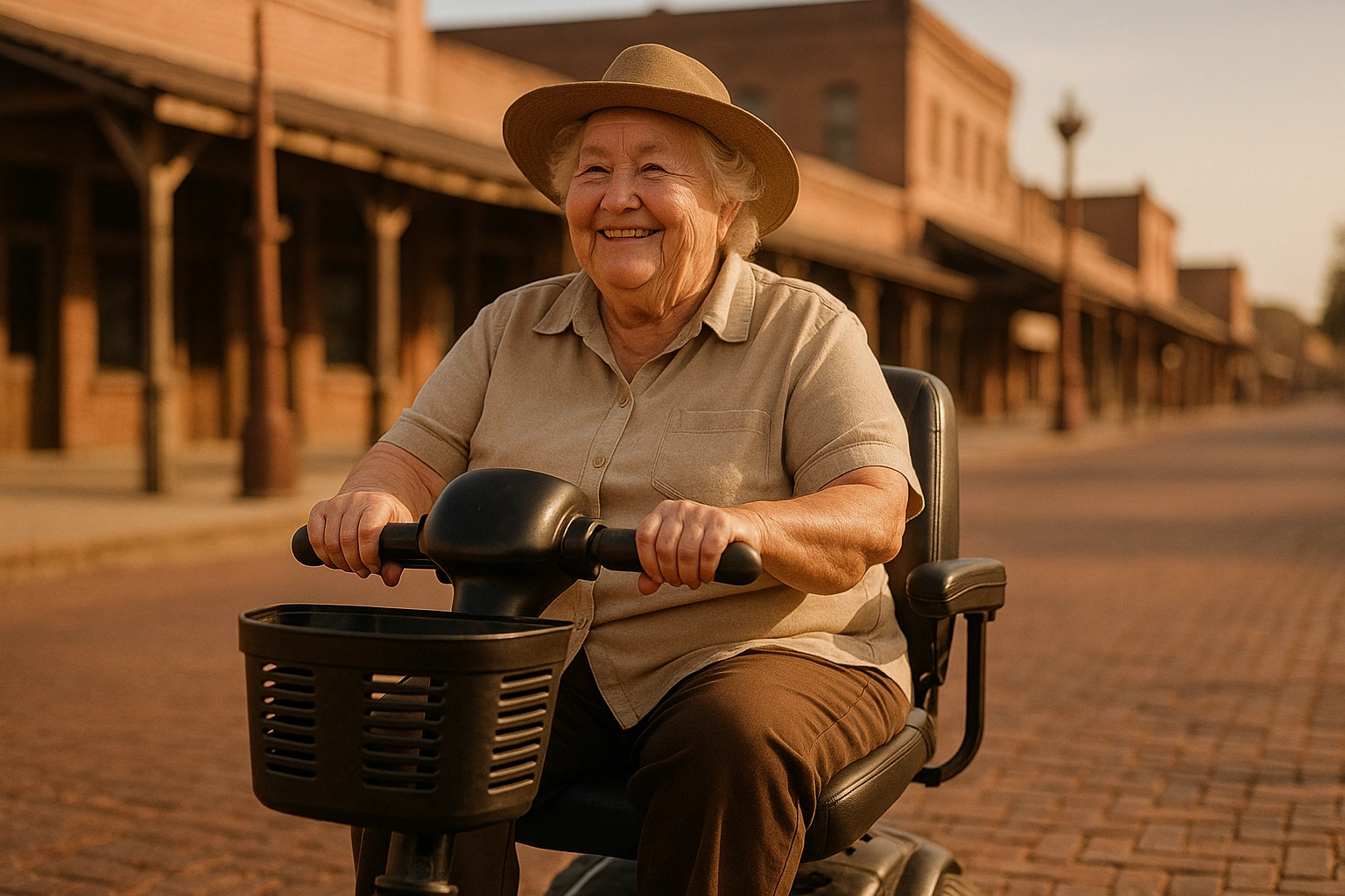 Smiling senior woman riding a four-wheel mobility scooter along a brick street lined with historic western storefronts in the Fort Worth Stockyards on a sunny afternoon